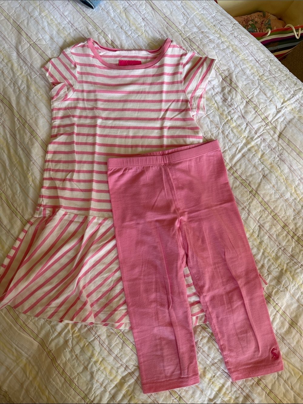 Joules Pink and White Striped Dress with Solid Pink Leggings